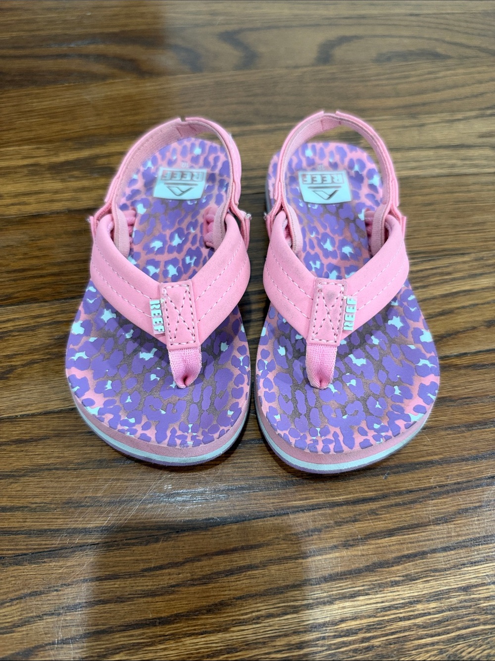 Reef Kids Pink Strappy Flip Sandals with Purple Leopard Footbed